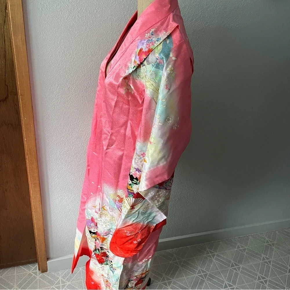 VINTAGE Girl's Pink Kimono Butterflies Flowers Ombre w/ Orange Tie - Picture 13 of 16